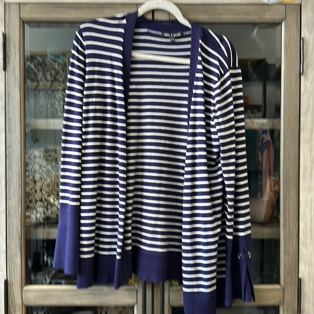 Cable & Gauge Blue Striped Open Front Knit Long Sleeve Size L Large Card…